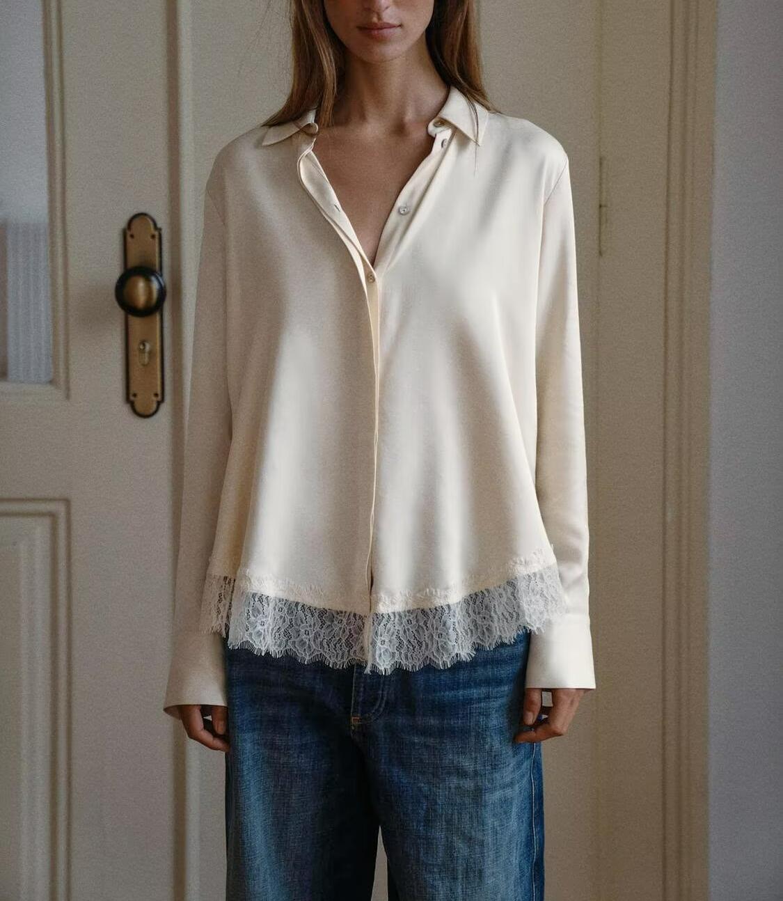 Women's Gentle Office Lace Collared Loose Chiffon Long Sleeve Shirt