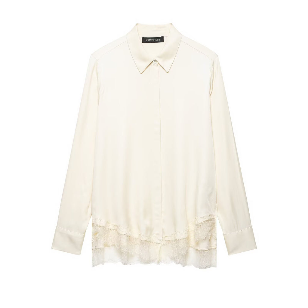Women's Gentle Office Lace Collared Loose Chiffon Long Sleeve Shirt