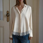 Women's Lace-Detail Satin-Texture Collared Shirt