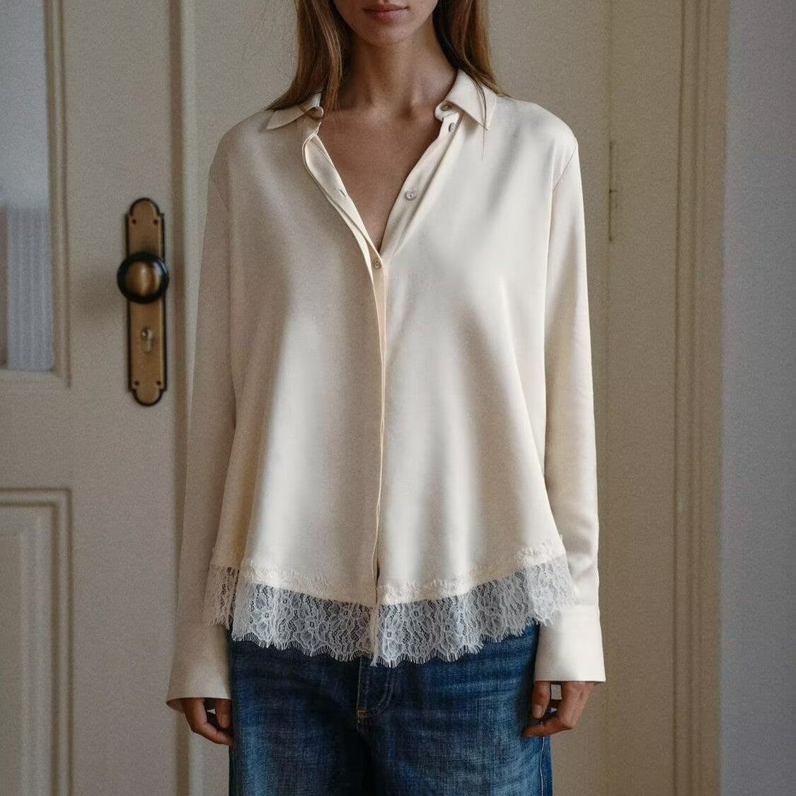 Women's Lace-Detail Satin-Texture Collared Shirt