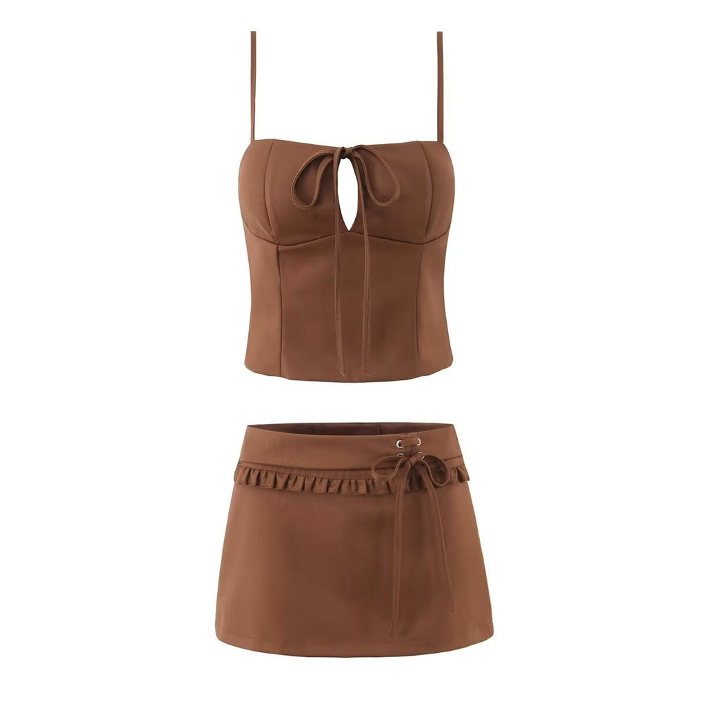 Women's Lace Up Short Sling Top and Skirt Two-Piece Set