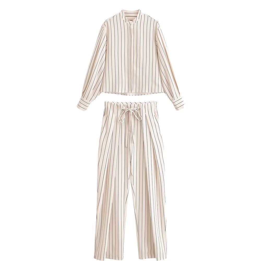 Spring Women Striped Shirt Pleated Pants