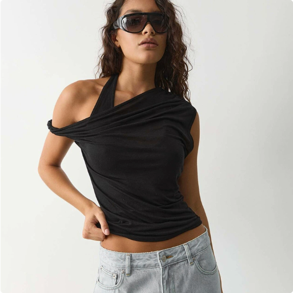 Women’s Black Asymmetric Ruched Halter Top
