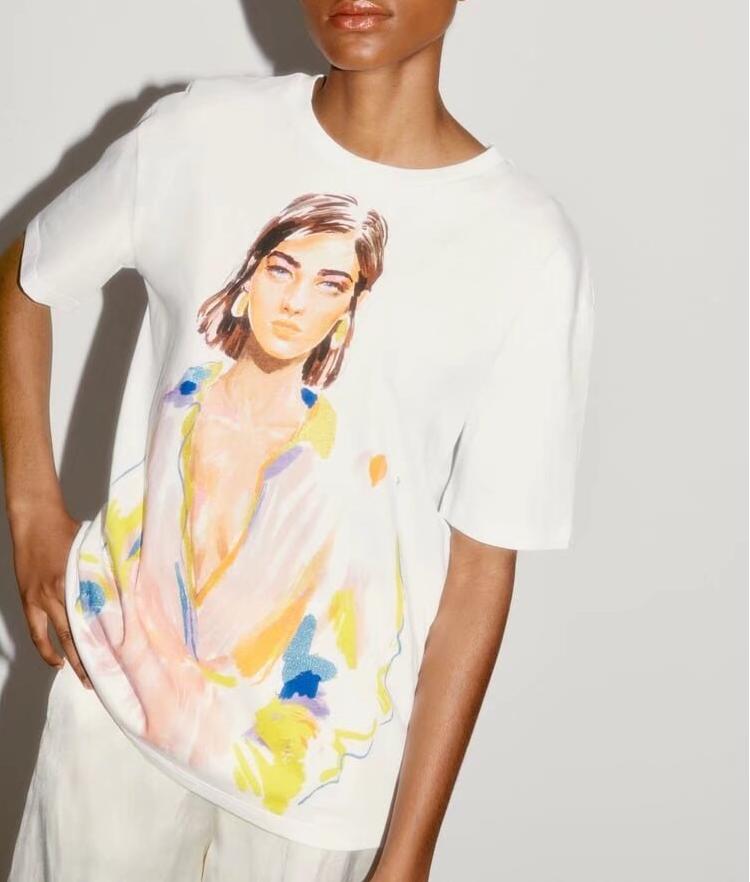 Women's Clothing Summer Simple Loose Girl Portrait Print T Shirt
