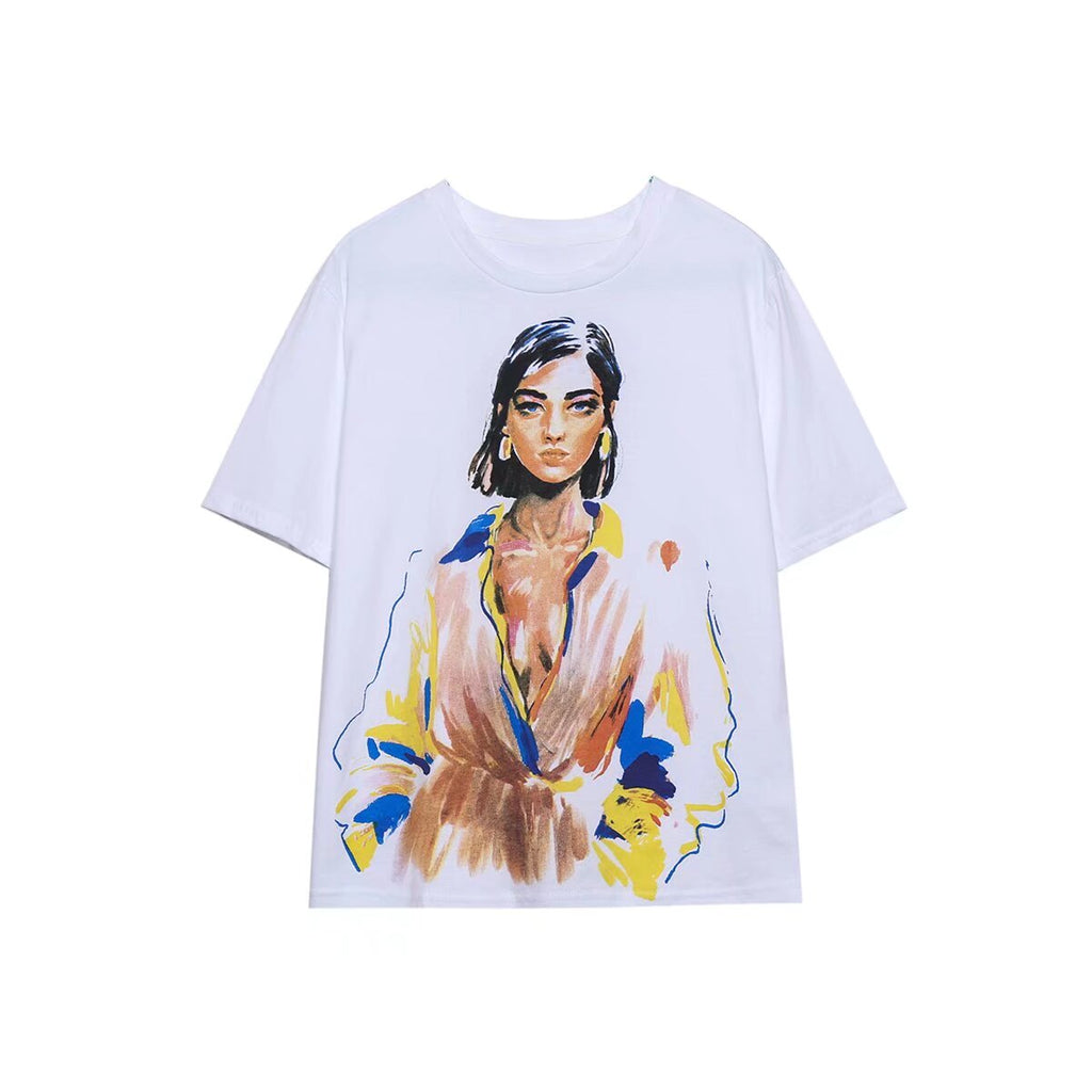 Women's Clothing Summer Simple Loose Girl Portrait Print T Shirt