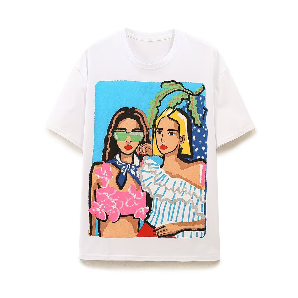 Women's Clothing Summer Simple Loose Cartoon Girl Printed T Shirt