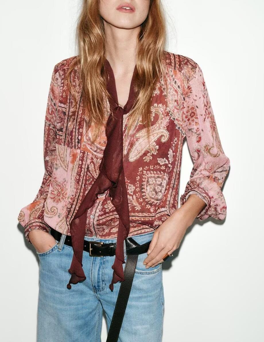Women's Vintage Printed Single Breasted Bow Long Sleeve Shirt