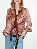 Women's Vintage Printed Single Breasted Bow Long Sleeve Shirt