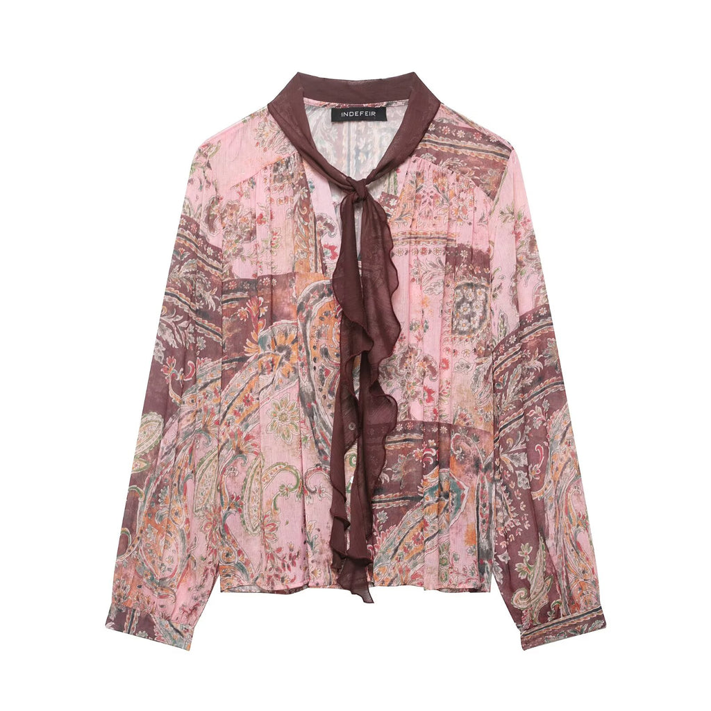 Women's Vintage Printed Single Breasted Bow Long Sleeve Shirt
