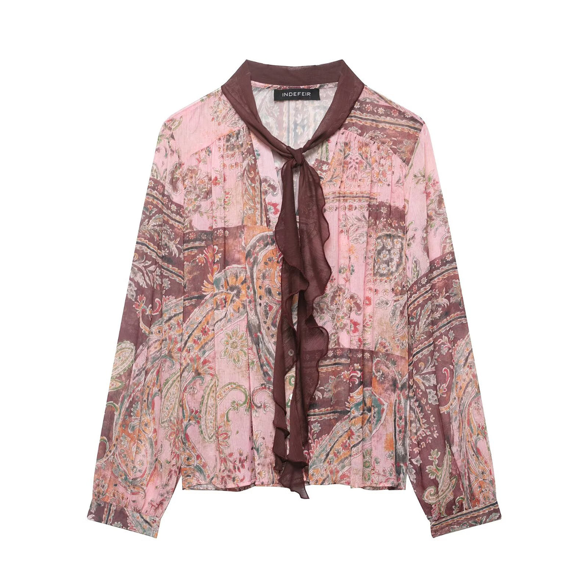 Women's Vintage Printed Single Breasted Bow Long Sleeve Shirt