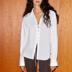 Lace-Up Polo Collar Poplin Shirt