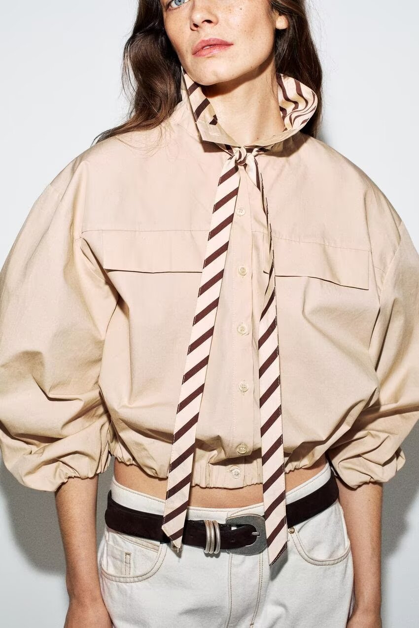 Striped Contrast-Trim Lantern Sleeve Shirt