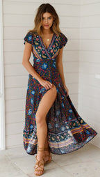 Women's Summer Holiday V-Neck Cardigan Strap Printing Beach Maxi Dress For Women