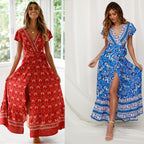 Women's Summer Holiday V-Neck Cardigan Strap Printing Beach Maxi Dress For Women