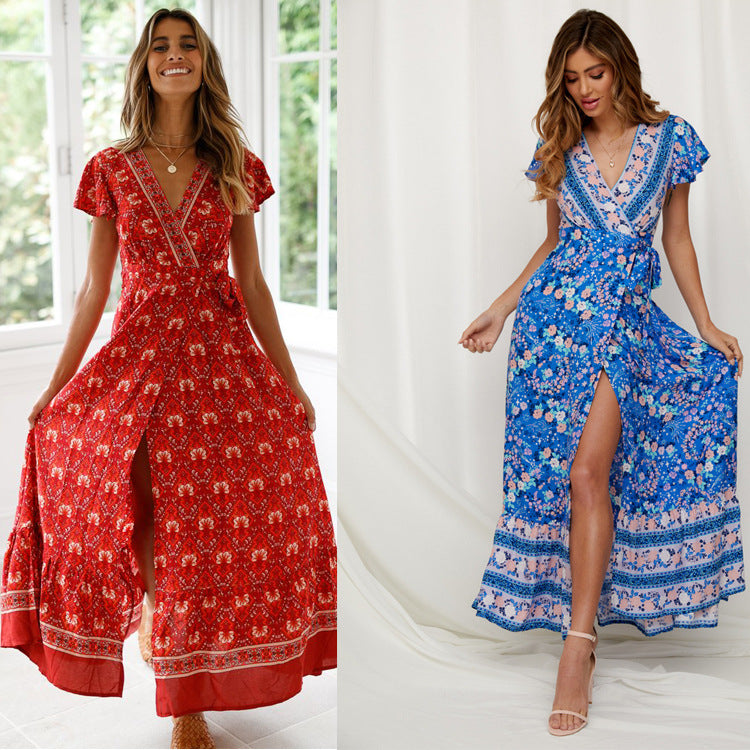 Women's Summer Holiday V-Neck Cardigan Strap Printing Beach Maxi Dress For Women