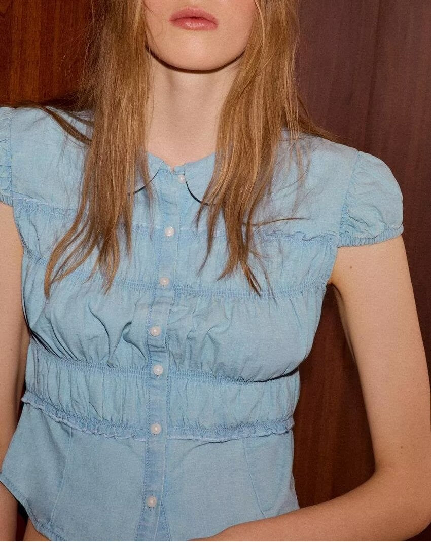 Light Blue Pleated Denim Shirt