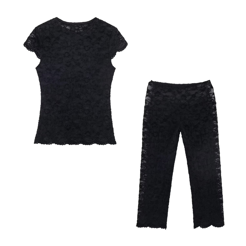Spring Women Short Lace T shirt Lace Capri Leggings Sets