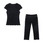 Spring Women Short Lace T shirt Lace Capri Leggings Sets