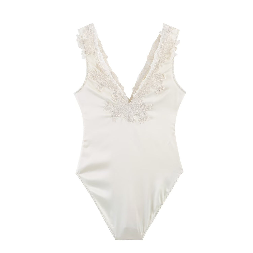 Satin Lace V Neck Sleeveless Jumpsuit