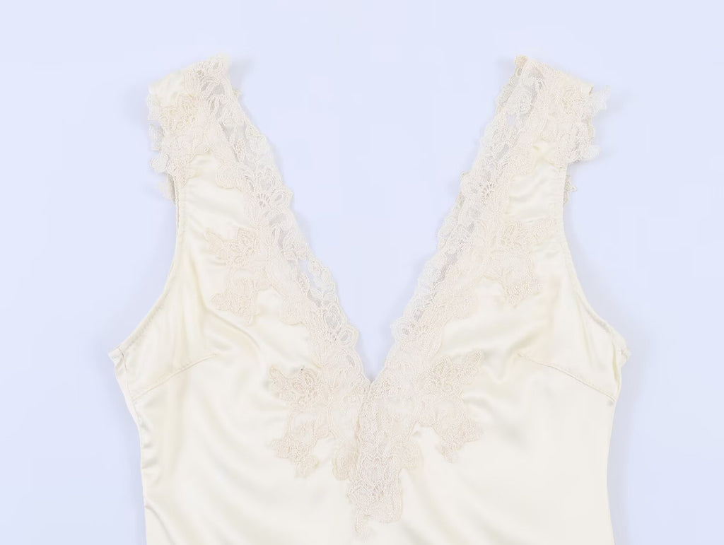 Satin Lace V Neck Sleeveless Jumpsuit