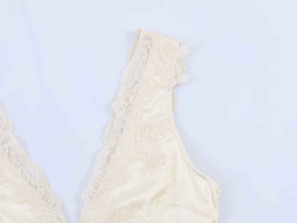Satin Lace V Neck Sleeveless Jumpsuit