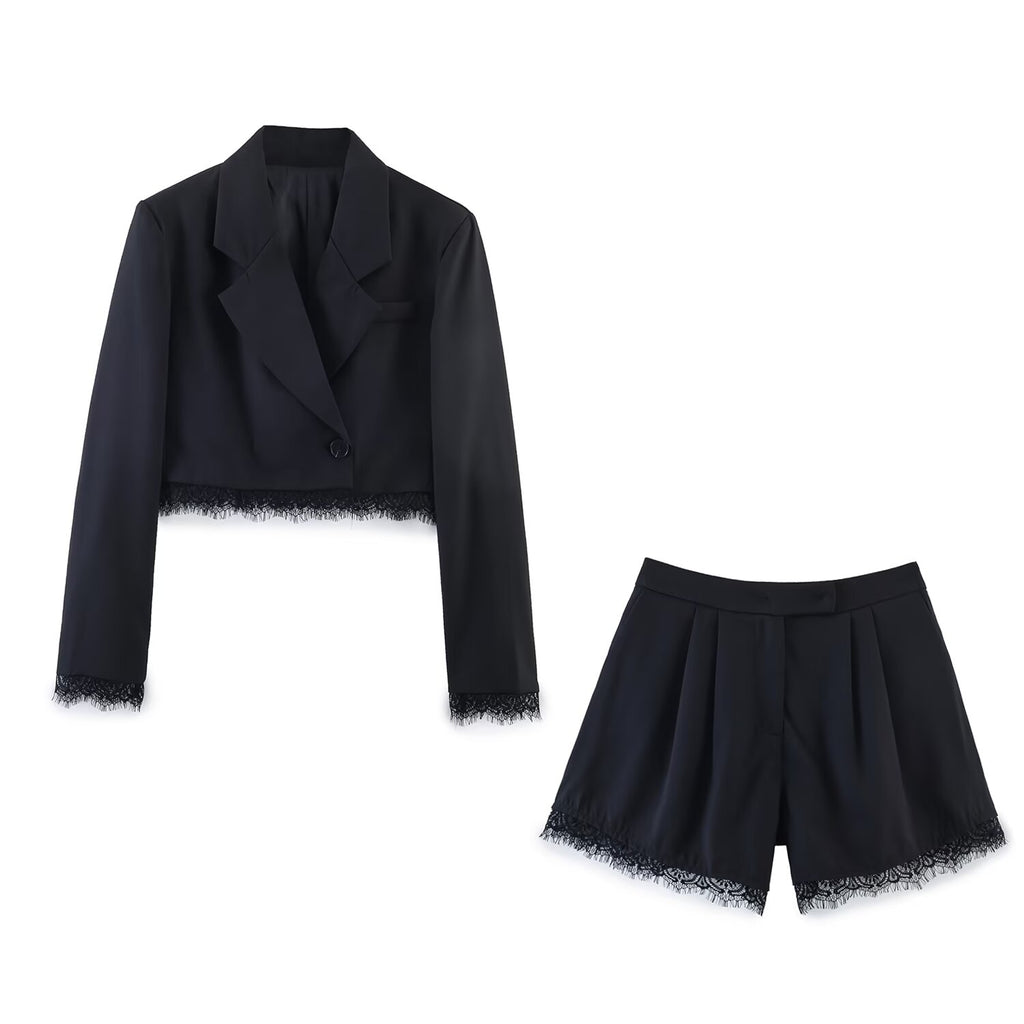 Spring Women Casual Lace Blazer Shorts Sets