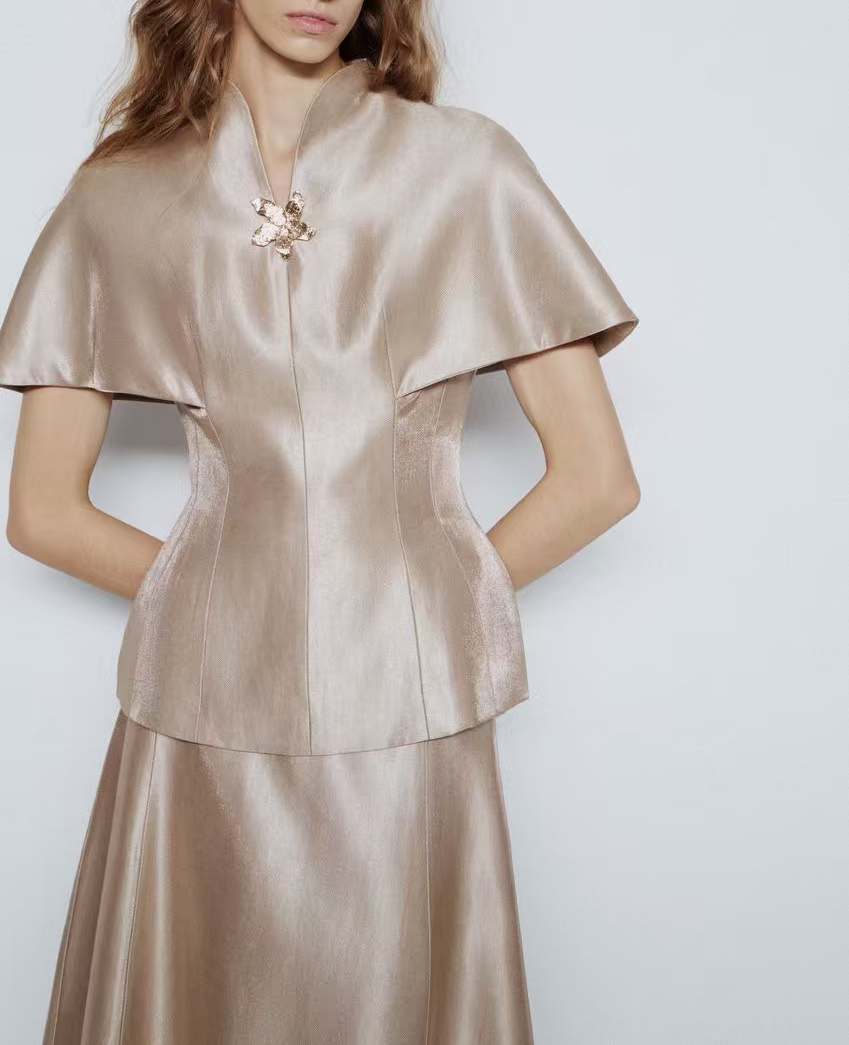 Spring Stand Collar Cloak Waist Controlled Top Satin High Waist A line Skirt Two Piece Sets