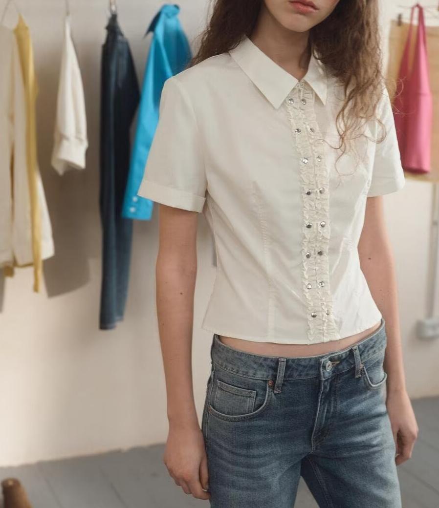 Women's Clothing Spring Rivets Laminated Shirt