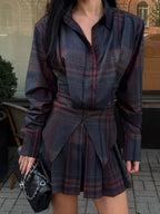 Women Collared Plaid Long Sleeved Shirt High Waist Short Skirt Two Piece Sets