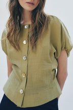 Women's Elegant Women Clothing Round Neck Linen Puff Sleeve Blouses