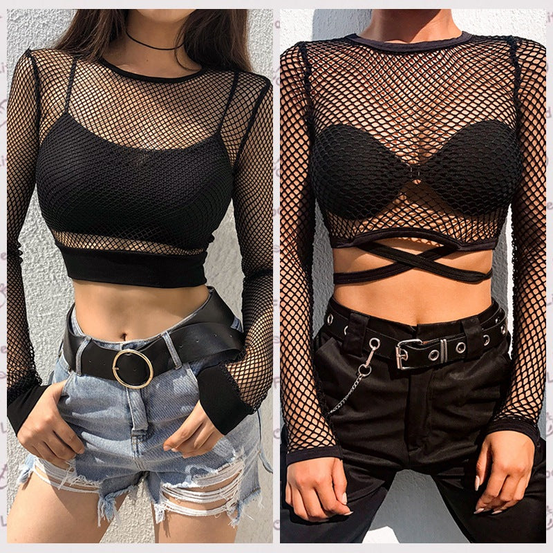 Women's Sheer Grid Mesh Tie Detail Crop Top