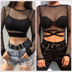 Women's Sheer Grid Mesh Tie Detail Crop Top