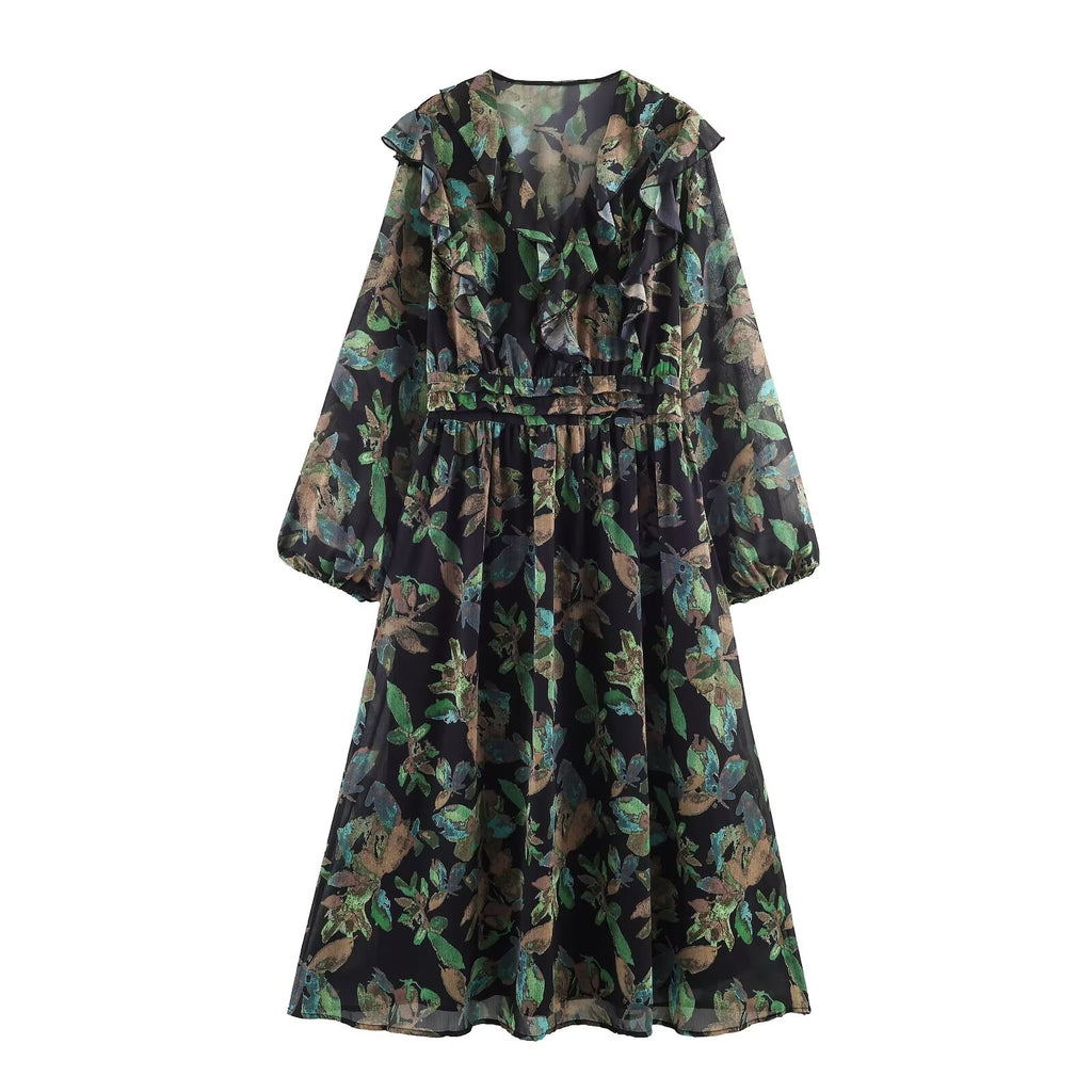 Simple Thin Printed Long-Sleeve Dress