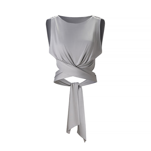 Grey sleeveless draped top with waist tie, sleeveless cropped view