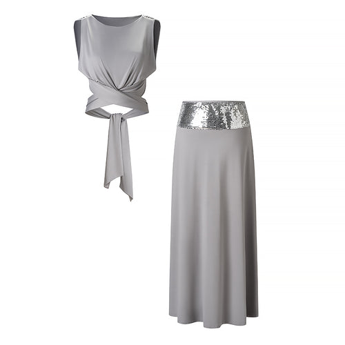 Grey sleeveless knot-front top and long straight skirt set with sequin waistband
