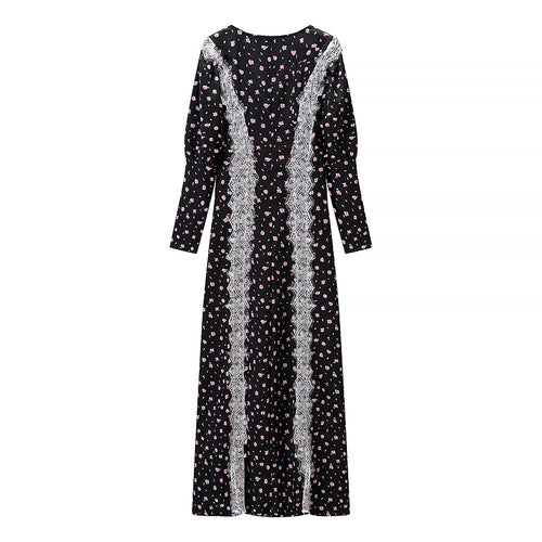 Women Clothing Top Long Sleeve Lace Stitching Dress