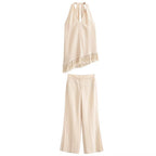 Women Clothing Top Tassel Halter Top Wide Leg Pants Set