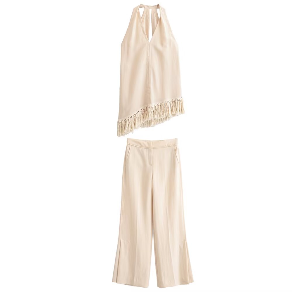 Women Clothing Top Tassel Halter Top Wide Leg Pants Set