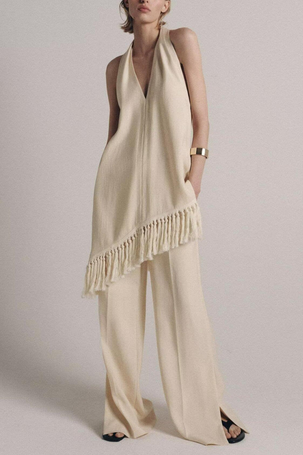 Women Clothing Top Tassel Halter Top Wide Leg Pants Set