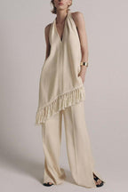 Women Clothing Top Tassel Halter Top Wide Leg Pants Set