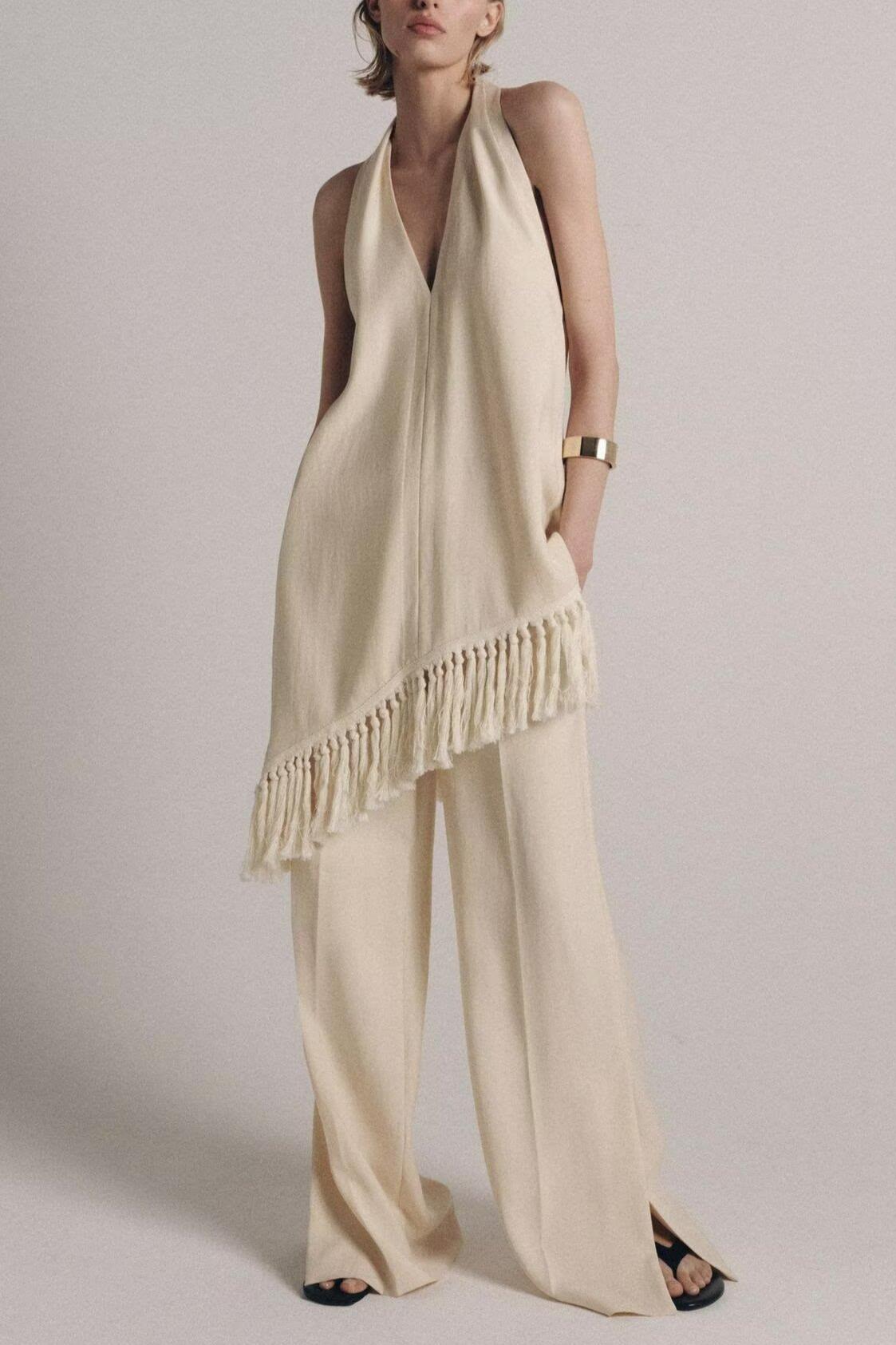 Women Clothing Top Tassel Halter Top Wide Leg Pants Set