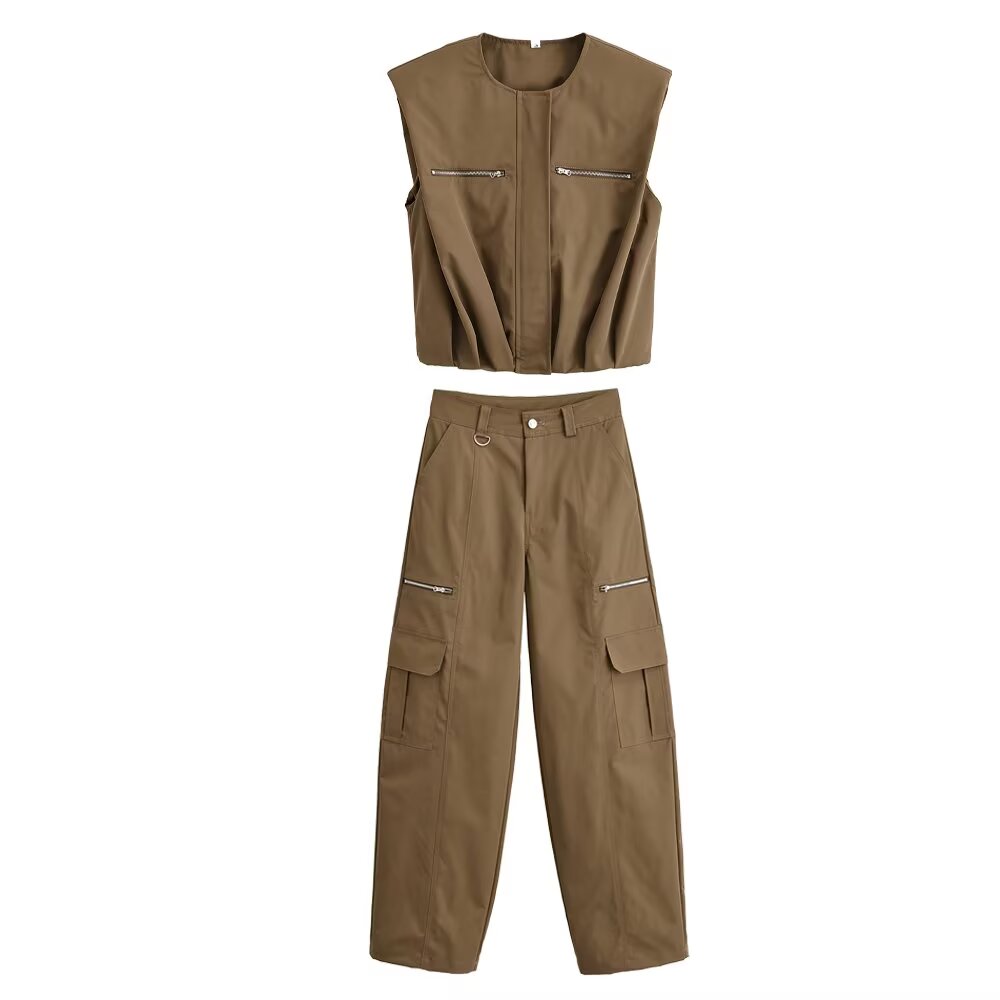 Women Clothing Top Zipper Puffy Vest Cargo Pocket Bucket Pants Sets