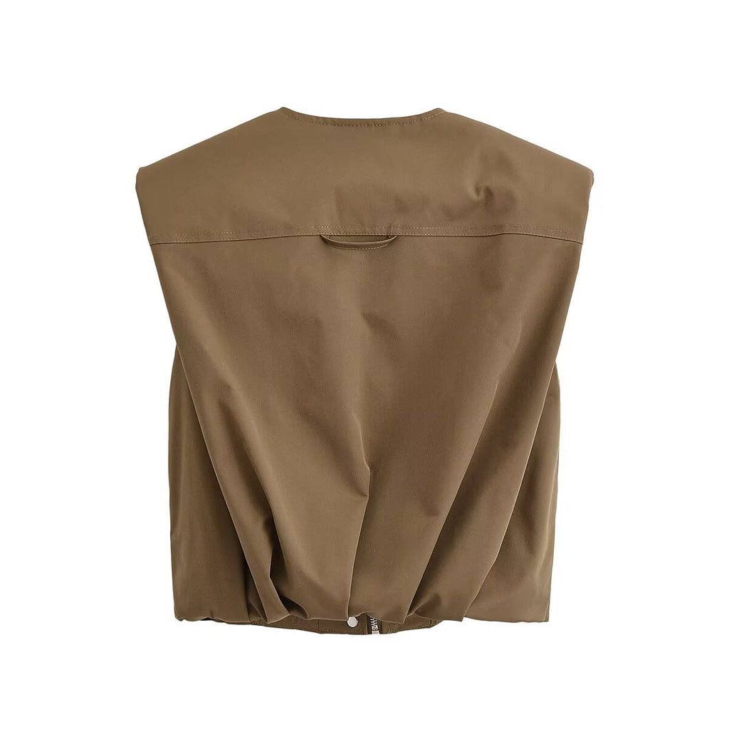 Women Clothing Top Zipper Puffy Vest Cargo Pocket Bucket Pants Sets
