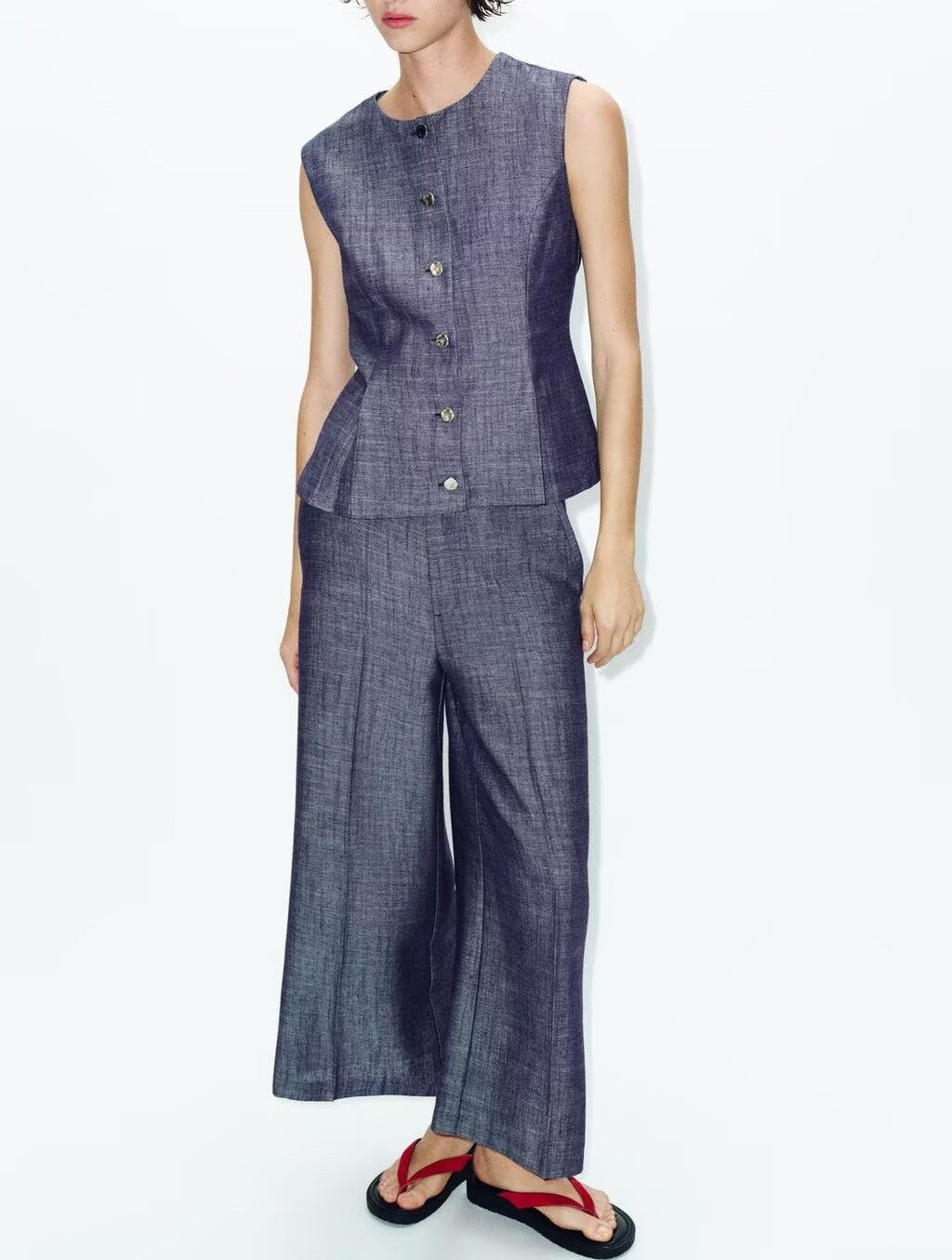 Women Clothing Spring Pleated Hem Vest High Waist Trousers