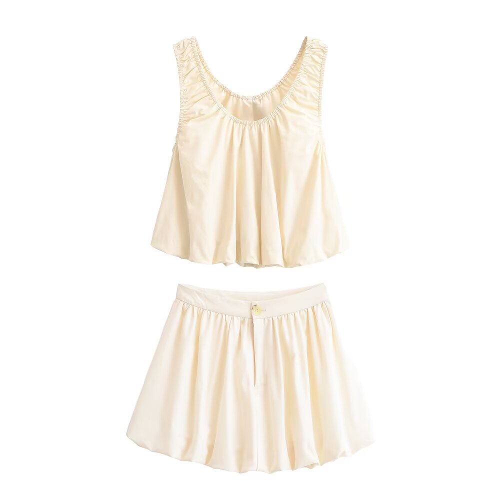 Women Clothing Poplin Balloon Vest Top Solid Color Mini Skirt Set