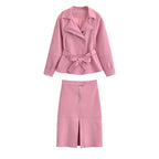 Women Clothing Suede with Belt Jacket Coat Skirt Sets