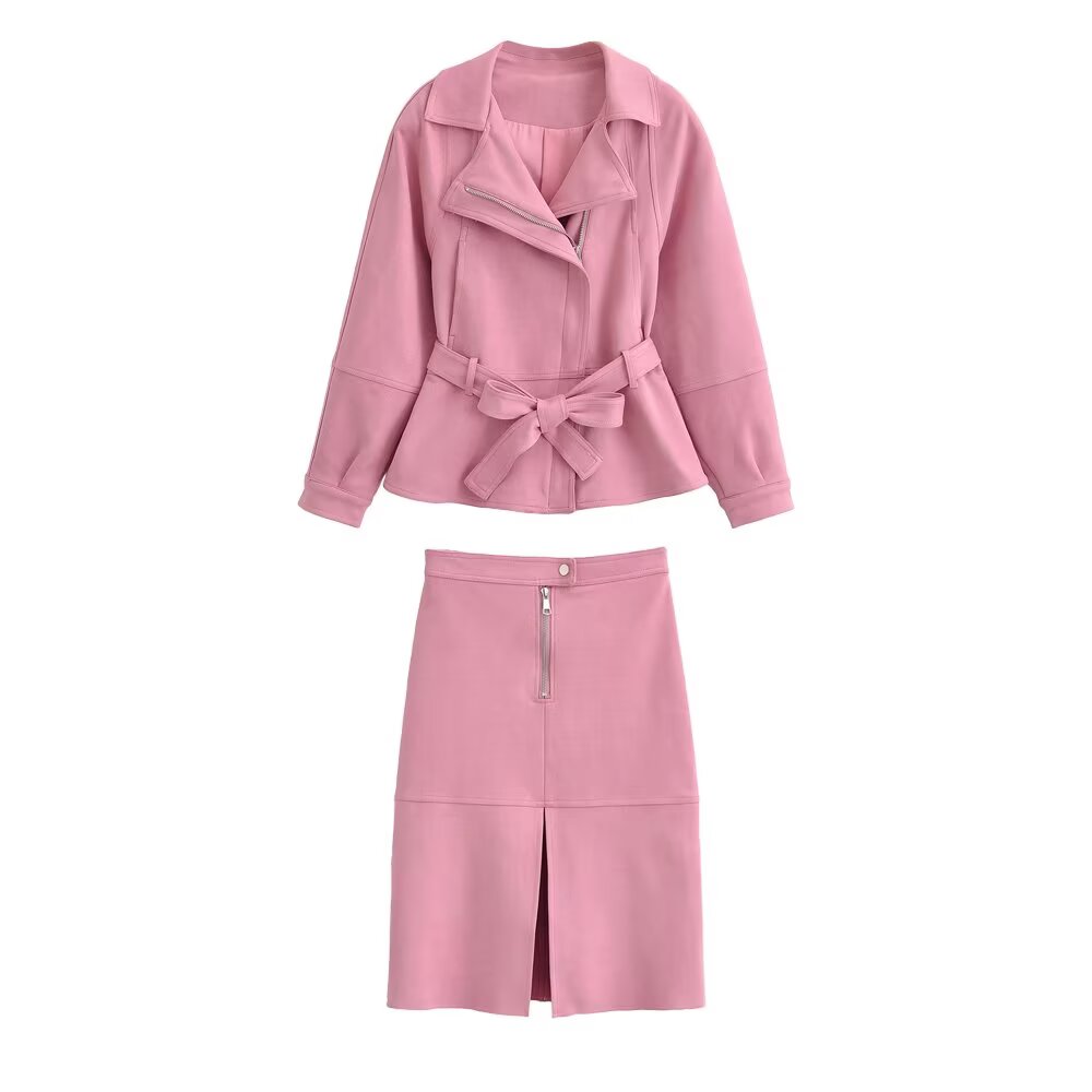 Women Clothing Suede with Belt Jacket Coat Skirt Sets