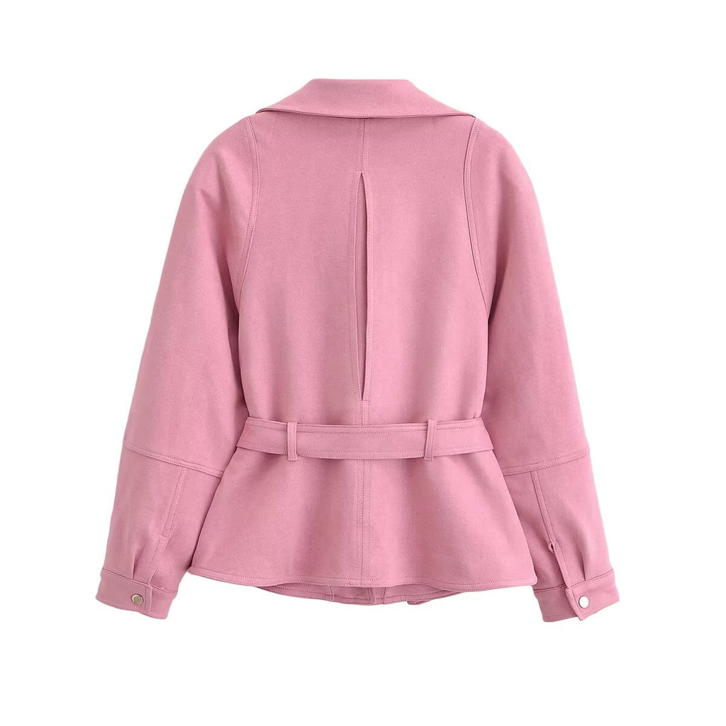 Women Clothing Suede with Belt Jacket Coat Skirt Sets