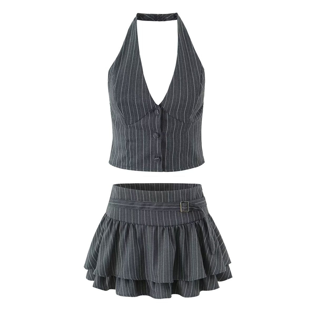 Single Breasted Waist Halter Striped Vest Korean Slimming High Waist Pleated Tiered Two Piece Set