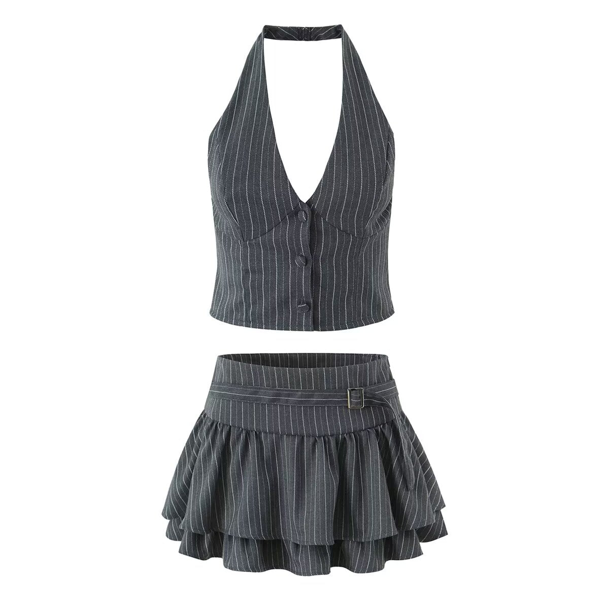 Single Breasted Waist Halter Striped Vest Korean Slimming High Waist Pleated Tiered Two Piece Set